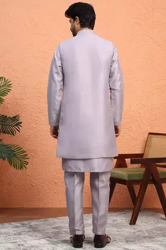 Silk blend mauve kurta and trouser with long embroidered sequin nehru jacket