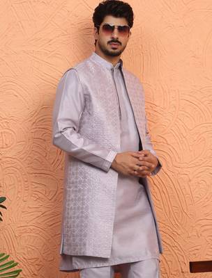 Silk blend mauve kurta and trouser with long embroidered sequin nehru jacket 4