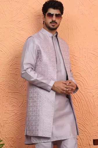 Silk blend mauve kurta and trouser with long embroidered sequin nehru jacket