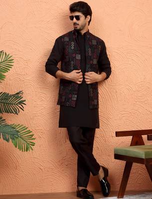 Silk blend black kurta and trouser with embroidered nehru jacket 1