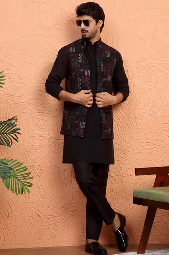 Silk blend black kurta and trouser with embroidered nehru jacket