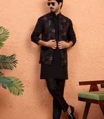 Silk blend black kurta and trouser with embroidered nehru jacket