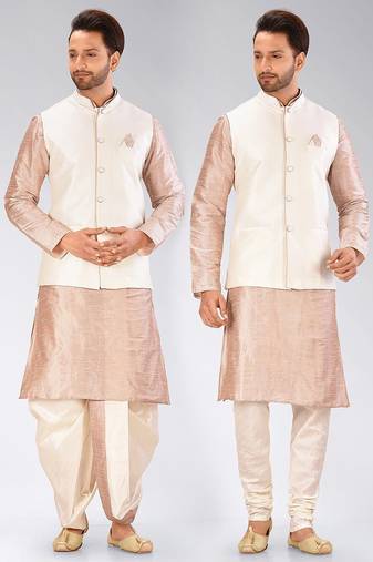 Beige dupon art silk kurta, jacket with matching dhoti and churidar