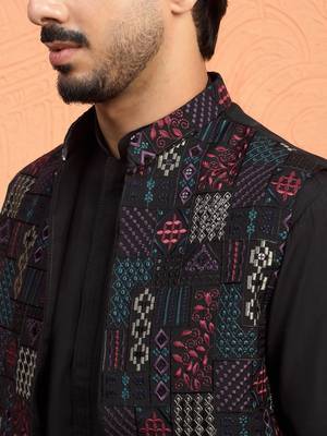 Silk blend black kurta and trouser with embroidered nehru jacket 2