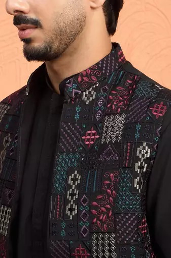 Silk blend black kurta and trouser with embroidered nehru jacket