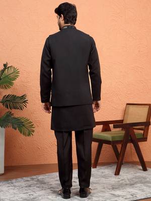 Silk blend black kurta and trouser with embroidered nehru jacket 3