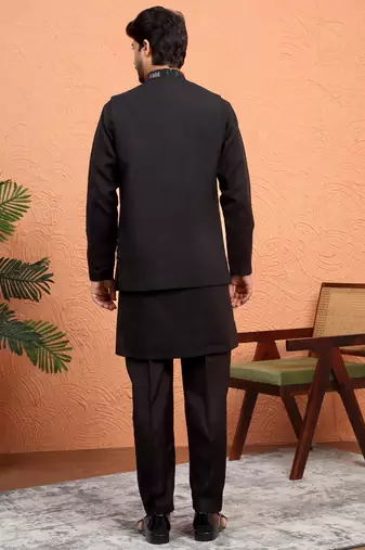 Silk blend black kurta and trouser with embroidered nehru jacket