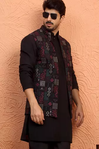 Silk blend black kurta and trouser with embroidered nehru jacket