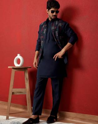 Silk blend blue kurta and trouser with embroidered nehru jacket 1