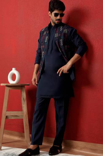 Silk blend blue kurta and trouser with embroidered nehru jacket