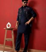 Silk blend blue kurta and trouser with embroidered nehru jacket