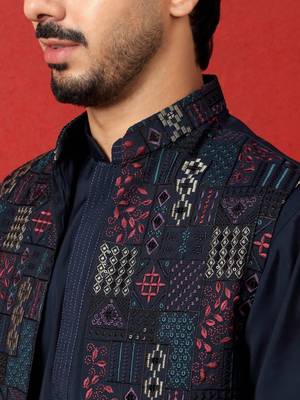 Silk blend blue kurta and trouser with embroidered nehru jacket 2