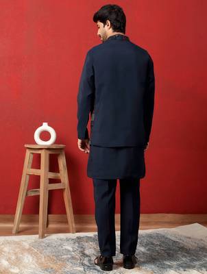 Silk blend blue kurta and trouser with embroidered nehru jacket 3