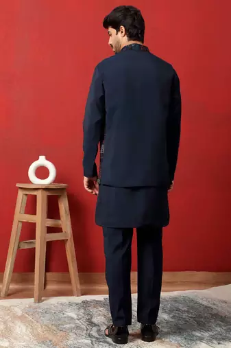 Silk blend blue kurta and trouser with embroidered nehru jacket