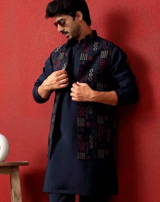 Silk blend blue kurta and trouser with embroidered nehru jacket 4