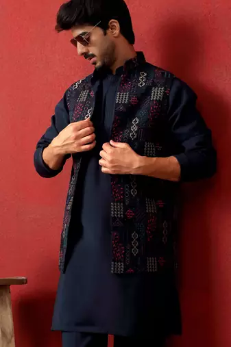 Silk blend blue kurta and trouser with embroidered nehru jacket