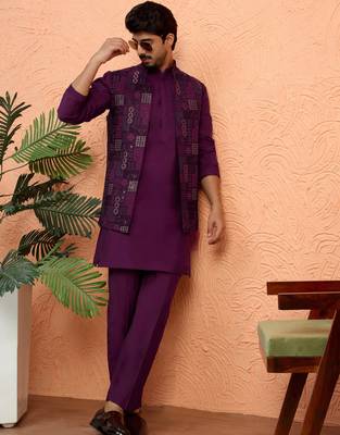 Silk blend wine kurta and trouser with embroidered nehru jacket 1