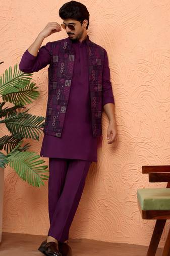 Silk blend wine kurta and trouser with embroidered nehru jacket
