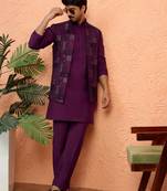 Silk blend wine kurta and trouser with embroidered nehru jacket