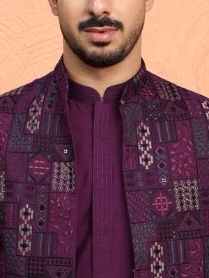 Silk blend wine kurta and trouser with embroidered nehru jacket 2