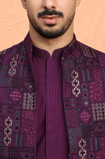 Silk blend wine kurta and trouser with embroidered nehru jacket