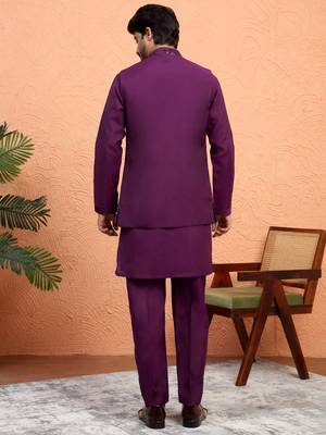 Silk blend wine kurta and trouser with embroidered nehru jacket 3