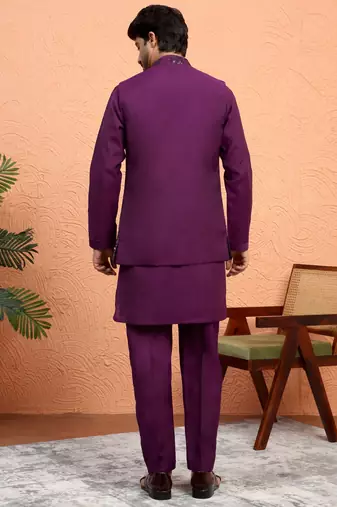 Silk blend wine kurta and trouser with embroidered nehru jacket