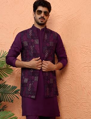 Silk blend wine kurta and trouser with embroidered nehru jacket 4