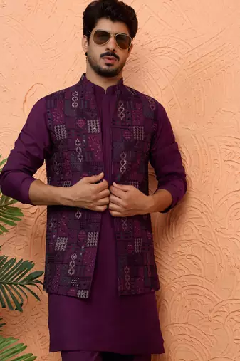 Silk blend wine kurta and trouser with embroidered nehru jacket