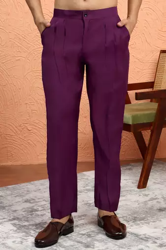 Silk blend wine kurta and trouser with embroidered nehru jacket