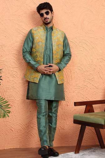 Silk blend green kurta and trouser with jacquard nehru jacket
