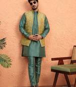 Silk blend green kurta and trouser with jacquard nehru jacket