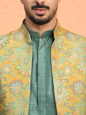 Silk blend green kurta and trouser with jacquard nehru jacket 2