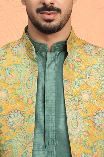 Silk blend green kurta and trouser with jacquard nehru jacket