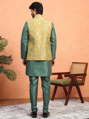 Silk blend green kurta and trouser with jacquard nehru jacket 3