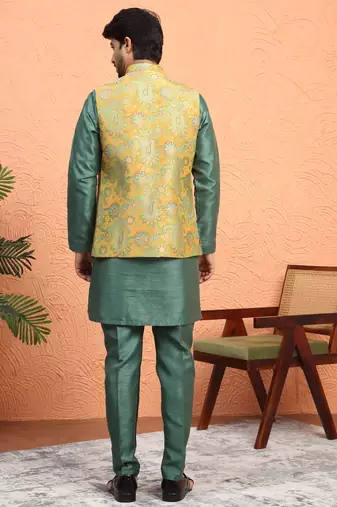 Silk blend green kurta and trouser with jacquard nehru jacket