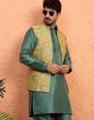 Silk blend green kurta and trouser with jacquard nehru jacket 4