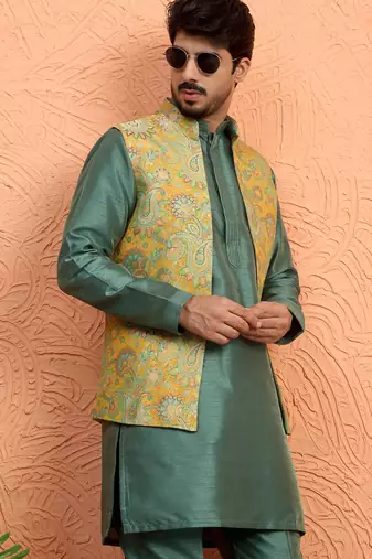 Silk blend green kurta and trouser with jacquard nehru jacket
