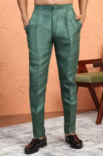 Silk blend green kurta and trouser with jacquard nehru jacket