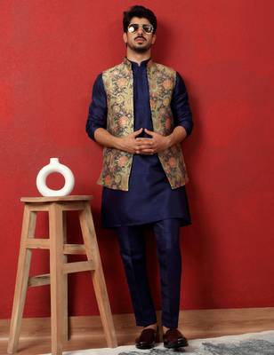 Silk blend blue kurta and trouser with jacquard nehru jacket 1