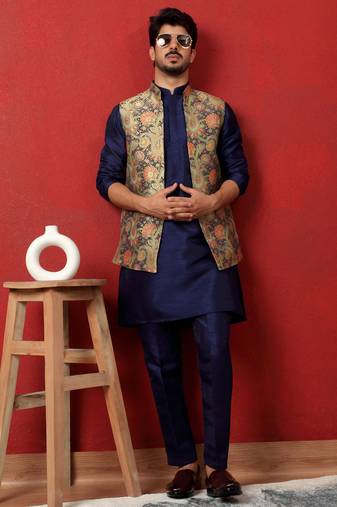 Silk blend blue kurta and trouser with jacquard nehru jacket