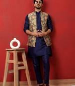 Silk blend blue kurta and trouser with jacquard nehru jacket