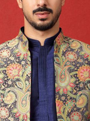 Silk blend blue kurta and trouser with jacquard nehru jacket 2