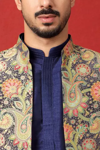 Silk blend blue kurta and trouser with jacquard nehru jacket