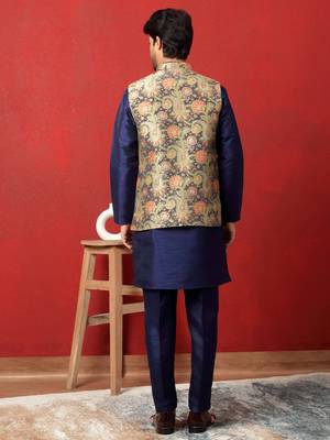 Silk blend blue kurta and trouser with jacquard nehru jacket 3
