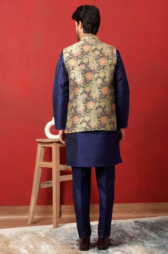 Silk blend blue kurta and trouser with jacquard nehru jacket