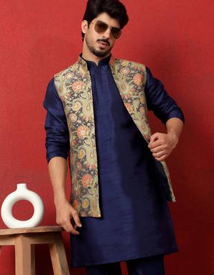 Silk blend blue kurta and trouser with jacquard nehru jacket 4