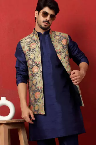 Silk blend blue kurta and trouser with jacquard nehru jacket