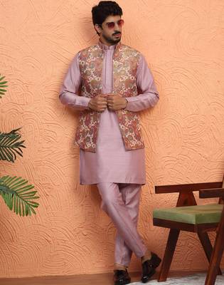 Silk blend mauve kurta and trouser with jacquard nehru jacket 1