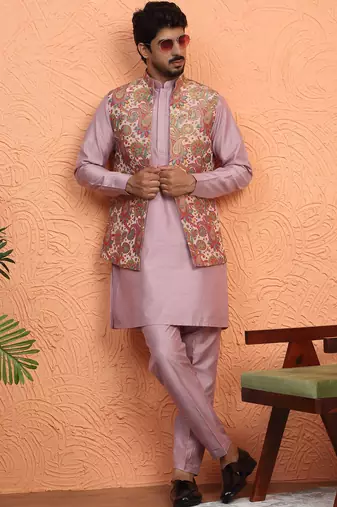 Silk blend mauve kurta and trouser with jacquard nehru jacket